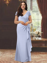 V Neck Short Sleeve Long Sheath Dress for the Mother of the Bride with Ruffles and Appliques