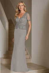 V Neck Short Sleeve Long Sheath Dress for the Mother of the Bride