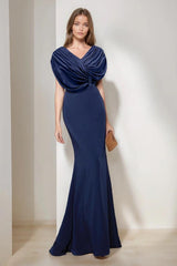 V Neck Short Sleeve Long Trumpet Mermaid Mother of the Bride Dress with Ruffles and Sequins