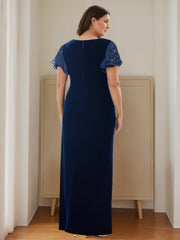 V Neck Short Sleeve Long Velvet Sheath Dress with Ruffles and Appliques for the Mother of the Bride