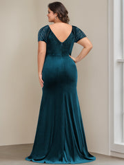 V Neck Short Sleeved Velvet Mother of the Bride Gown with Ruffles and Appliques in Trumpet Mermaid Style