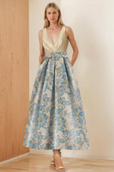 V Neck Sleeveless A Line Ruched Floral Printed Mother of the Bride Dress