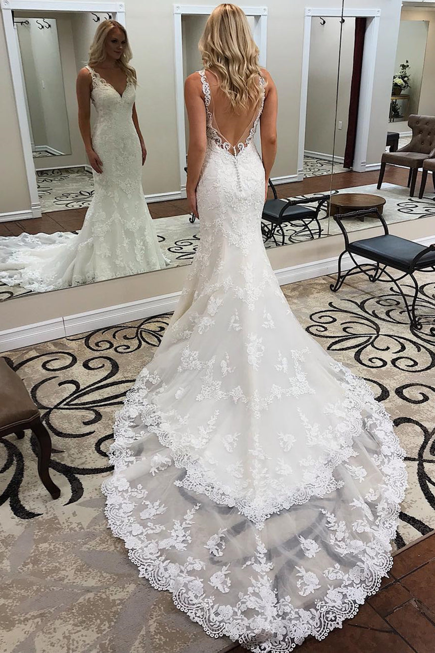 V-neck Backless Sheath Sleeveless Ivory Alluring Appliques Chapel-Train Wedding Dresses | Suzhoufashion V-neck Backless Sheath Sleeveless Ivory Alluring Appliques Chapel-Train Wedding Dresses | Suzhoufashion