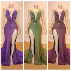 V-neck Dropped Formal Evening DressesSleeveless Side Slit Prom Dresses