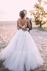 V-neck Lace Tulle Floor-length Beach Wedding Dress