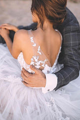 V-neck Lace Tulle Floor-length Beach Wedding Dress