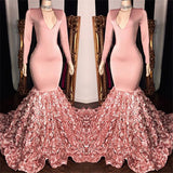 V-neck Long Sleeve Pink Floral Prom Dresses on Mannequins | Mermaid Evening Gowns BC1341