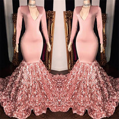 V-neck Long Sleeve Pink Floral Prom Dresses on Mannequins | Mermaid Evening Gowns BC1341