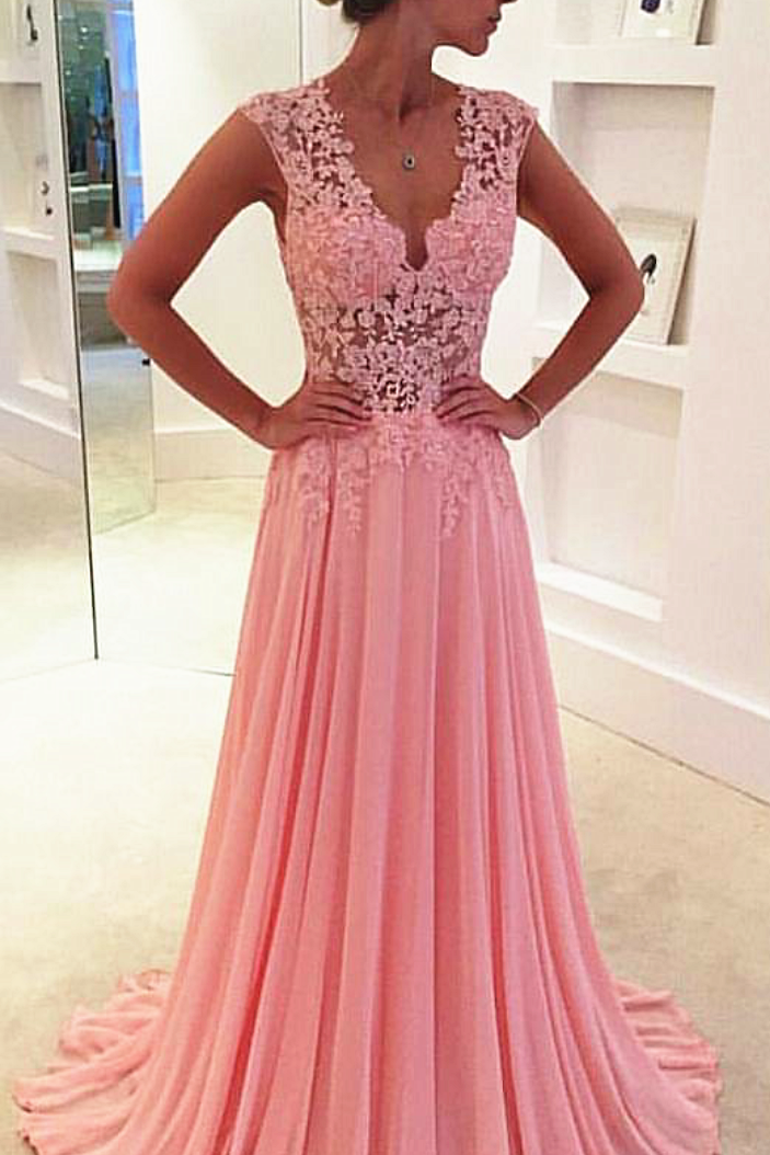 V-neck Pink Long Bridesmaid Dresses Lace Chiffon Mother Of the Bride Dresses
