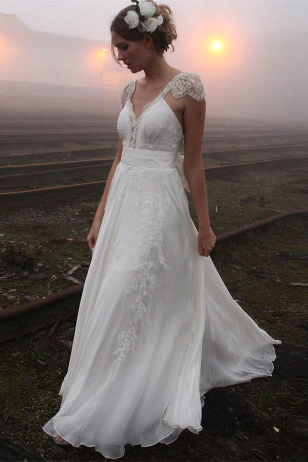 V-Neck Summer Outdoor Wedding Dress Lace Cap Sleeve Open Back Bridal Gowns | Suzhoufashion V-Neck Summer Outdoor Wedding Dress Lace Cap Sleeve Open Back Bridal Gowns | Suzhoufashion