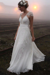 V-neck Summer Outdoor Beach Wedding Dress Lace Cap Sleeve Open Back Bridal Gowns