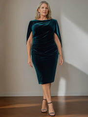 Velvet Mother of the Bride Dress with Ruffles: A Line Scoop Half Sleeves Knee Length