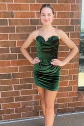 Velvet Olive Strapless Tight Ruched Short Cocktail Dresses
