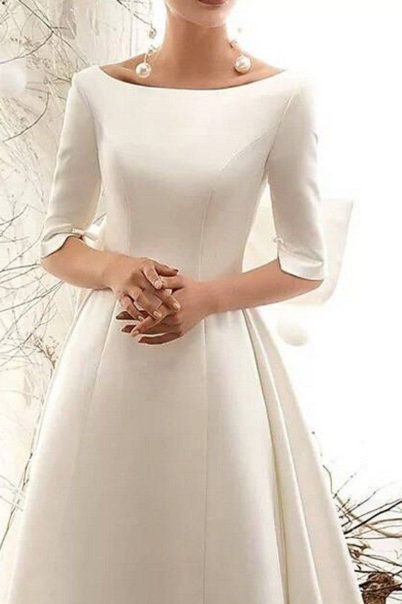 Vintage A-Line Wedding Dress Bateau Satin Half Sleeve Plus Size Bridal Gowns Illusion Detail with Court Train