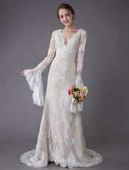 Vintage Deep V Neck Long Sleeves Lace A-Line Beach Wedding Dresses