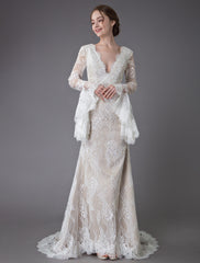 Vintage Deep V Neck Long Sleeves Lace A-Line Beach Wedding Dresses