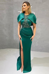 Vintage Jewel Satin Ruffles Split Lace Jade Zipper Mermaid Prom Dresses