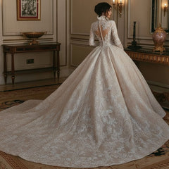 Vintage Lace Long Sleeves Wedding Dresses | High Neck Glamorous Bridal Ball Gowns