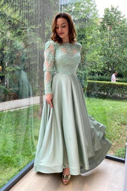 Vintage Light Green Prom Dress High Neck A Line Sleeves Floor Length Slit Satin Formal Dress Vintage Light Green Prom Dress High Neck A Line Sleeves Floor Length Slit Satin Formal Dress