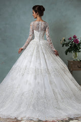 Vintage Long Sleeve Ball Gown Wedding Dress Lace Applique Princess Dress
