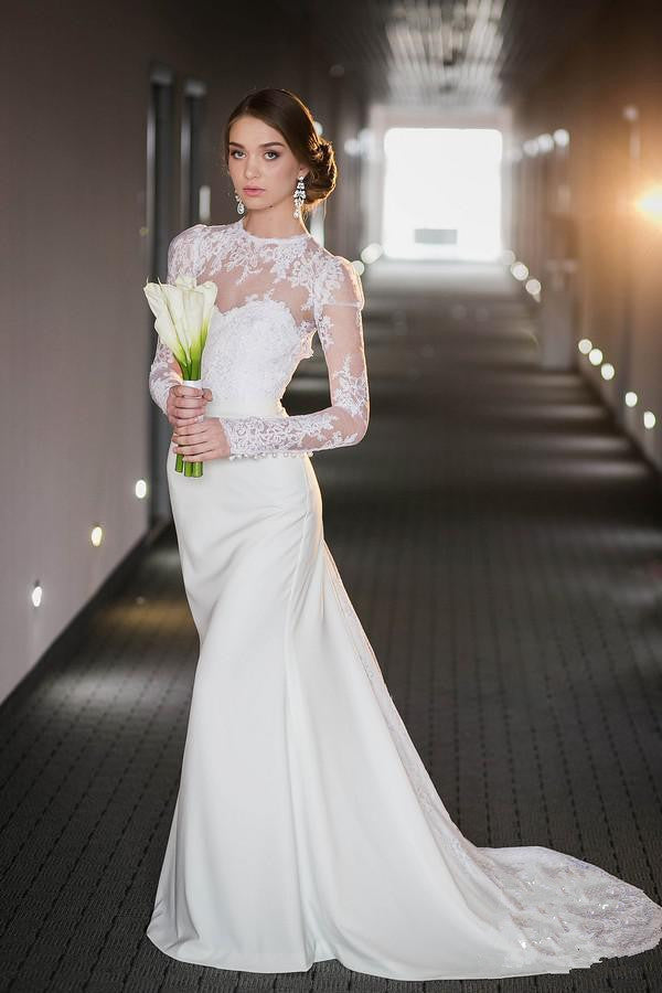 Vintage Long Sleeve Lace High Neck Wedding Dress Satin Bridal Gown with Open Back | Suzhoufashion Vintage Long Sleeve Lace High Neck Wedding Dress Satin Bridal Gown with Open Back | Suzhoufashion