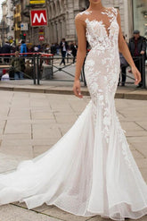 Vintage Mermaid Beach Wedding Dress Jewel Lace Tulle Cap Sleeve Sexy See-Through Backless Bridal Gowns in Color with Sweep Train