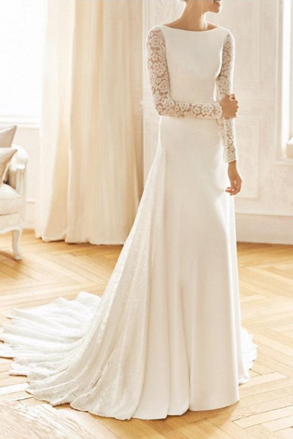 Vintage Mermaid Wedding Dresses Jewel Lace Satin Long Sleeve Sexy See-Through Bridal Gowns with Sweep Train | Suzhoufashion