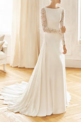Vintage Mermaid Beach Wedding Dresses Jewel Lace Satin Long Sleeve Sexy See-Through Bridal Gowns with Sweep Train