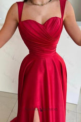 Vintage Red Prom Dress A Line Satin Pleated Sleeveless Formal Dress With Slit