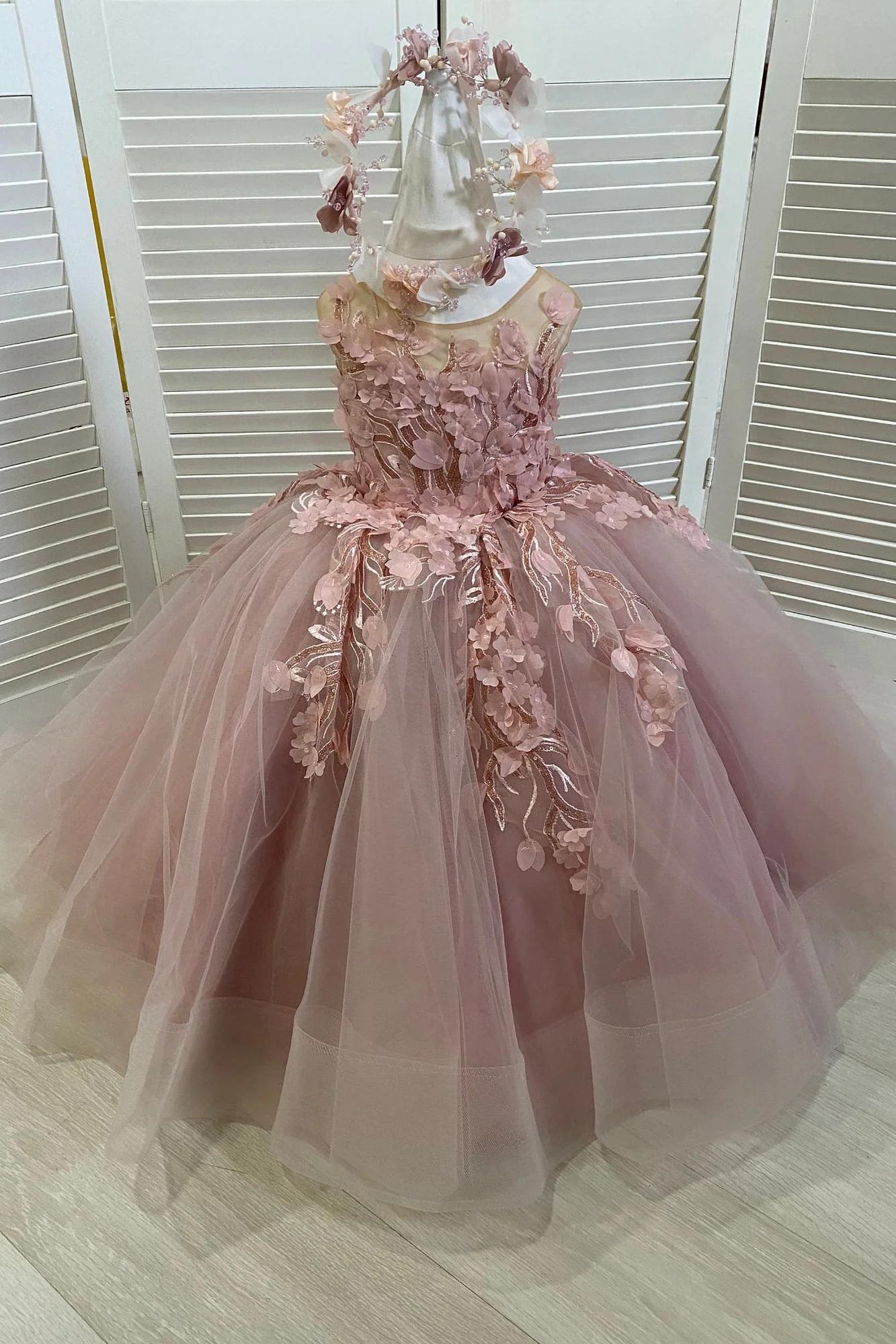 Vintage Sleeveless Ball Gown Flower Girls Dress With Appliques