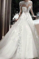 Vintge Lace Long Sleeve Wedding Dresses Appliques Tulle Skirt Bridal Dress