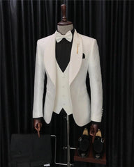 White 3 Piece Shawl Lapel Jacquard Wedding Suit for Men