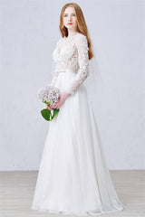 White A-Line Long Sleeve Bridal Gown New Arrival Tulle Lace Floor Length Wedding Dress