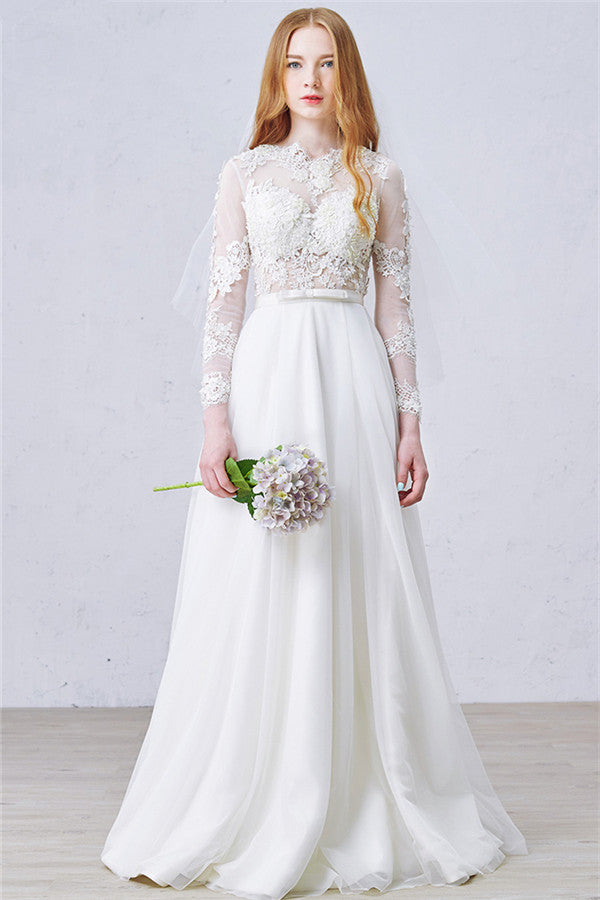 White A-Line Long Sleeve Bridal Gown New Arrival Tulle Lace Floor Length Wedding Dress