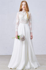 White A-Line Long Sleeve Bridal Gown New Arrival Tulle Lace Floor Length Wedding Dress