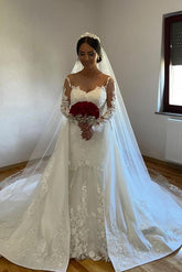 White A-line Lace Mermaid Wedding Gown with Detachable Sweep Train