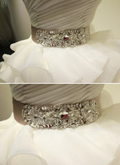 White Ball Gown Crystal Wedding Dresses Tulle Tiered Sash Bridal Dresses