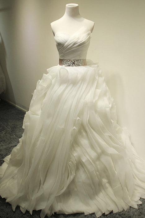White Ball Gown Crystal Wedding Dresses Tulle Tiered Sash Bridal Dresses