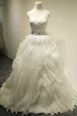 White Ball Gown Crystal Wedding Dresses Tulle Tiered Sash Bridal Dresses