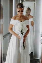 White Beach Wedding Dress A Line Off The Shoulder Split Front Lace Up Long Bridal Gown Panel Train