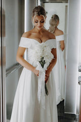 White Beach Wedding Dress A Line Off The Shoulder Split Front Lace Up Long Bridal Gown Panel Train