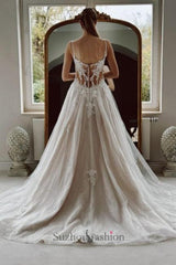White Beach Wedding Dress A Line Spaghetti Strap Sleeveless Beaded Cathedral Train Lace Long Tulle Bridal Gown With Appliques