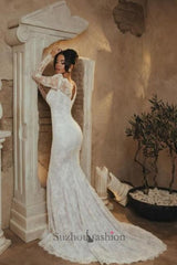 White Beach Wedding Dress Mermaid Portrait Sweetheart Long Sleeve Lace Bridal Gown