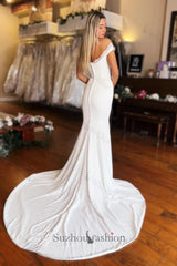 White Beach Wedding Dress Mermaid Strapless Off The Shoulder Front Split Long Satin Bridal Gown With Lace