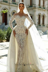 White Beach Wedding Dress Mermaid Sweetheart Off The Shoulder Long Sleeves Detachable Panel Train Lace Bridal Gown