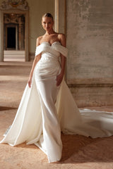 White Beach Wedding Dress Mermaid Sweetheart Off The Shoulder Sleeveless Panel Train Satin Bridal Gown With Pearls