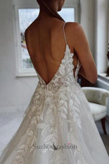 White Beach Wedding Dress Spaghetti Strap Sleeveless Beaded Cathedral Train Lace Long Tulle Bridal Gown