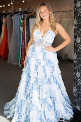 White Blue Prom Dress A Line Corset Ruffled Floral Long Formal Dress