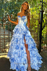 White Blue Prom Dress Flower Tiered Sweetheart Corset Long Formal Dress