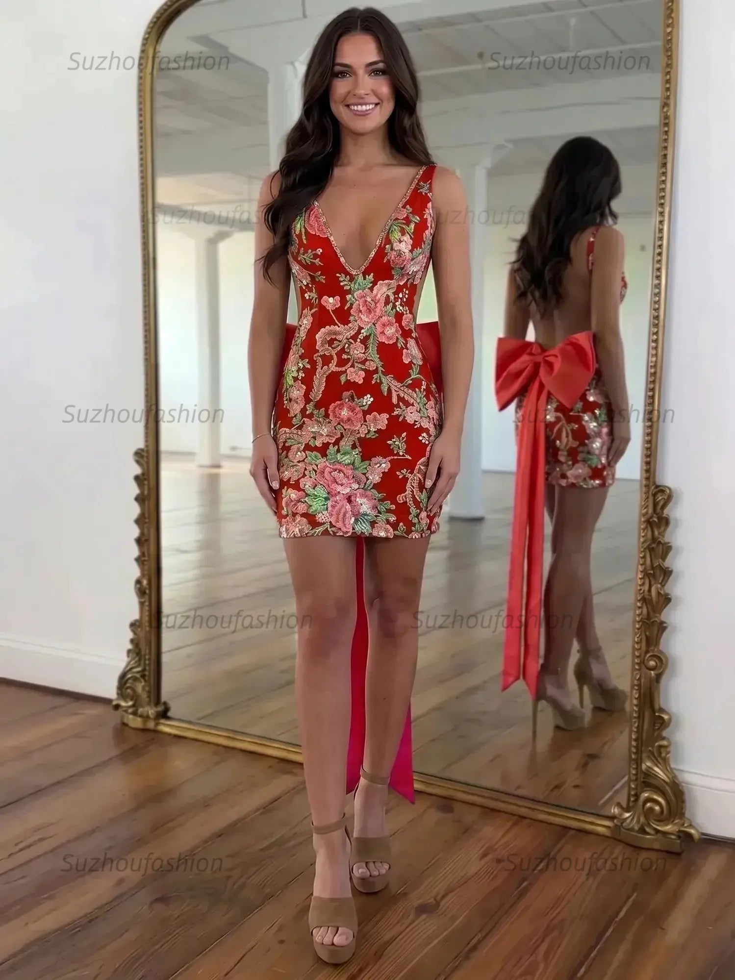 White Floral Embroidered Deep V-Neck Homecoming Dress with Oversized Bow Train